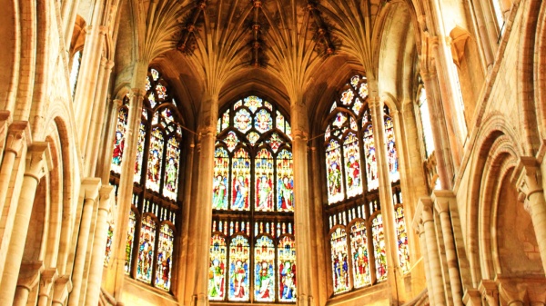 Norwich Cathedral, stained glass windows and gothic vaultins